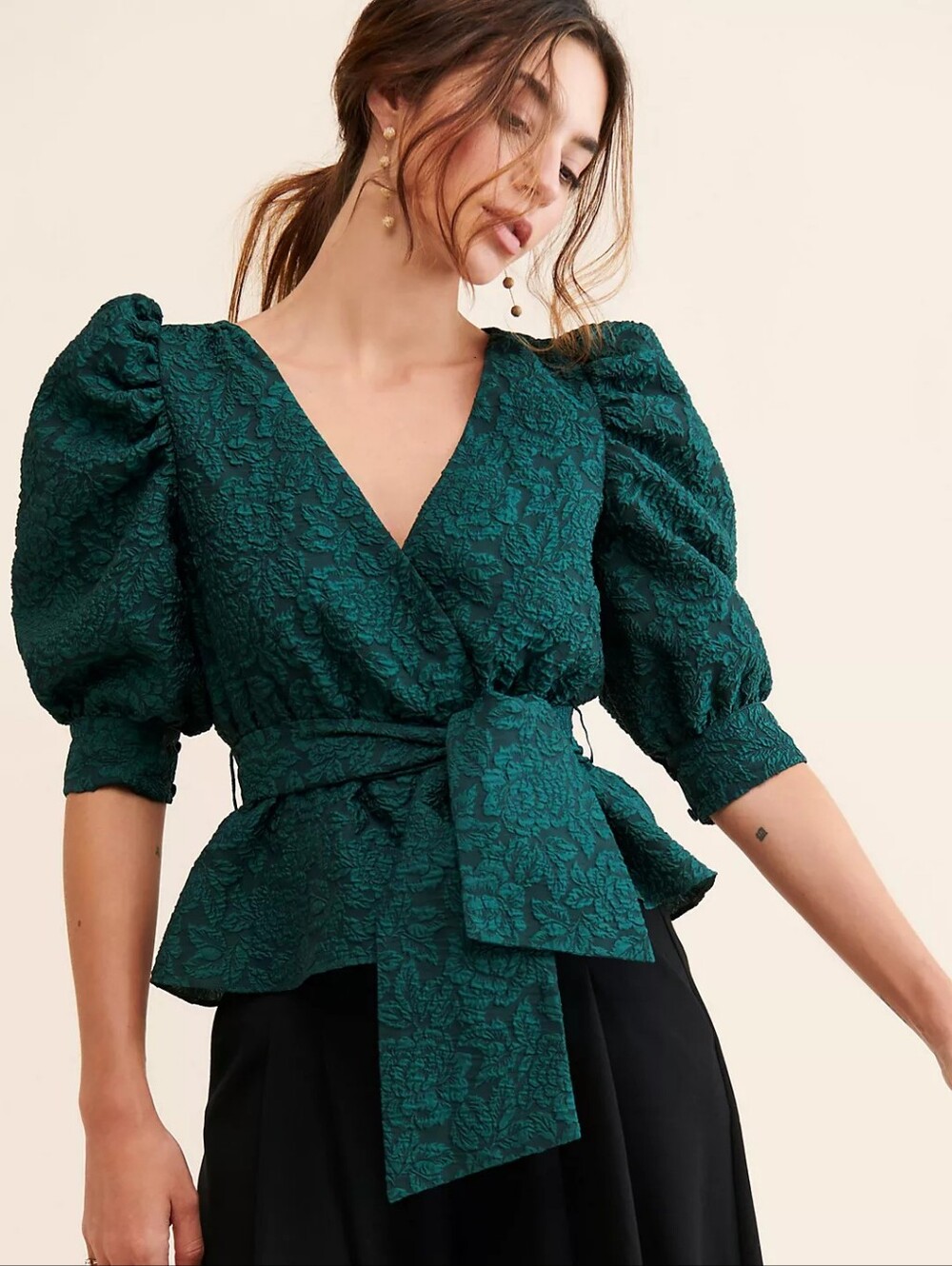 Anthropologie Hutch Teal Green Jacquard Faux Wrap Blouse 1X